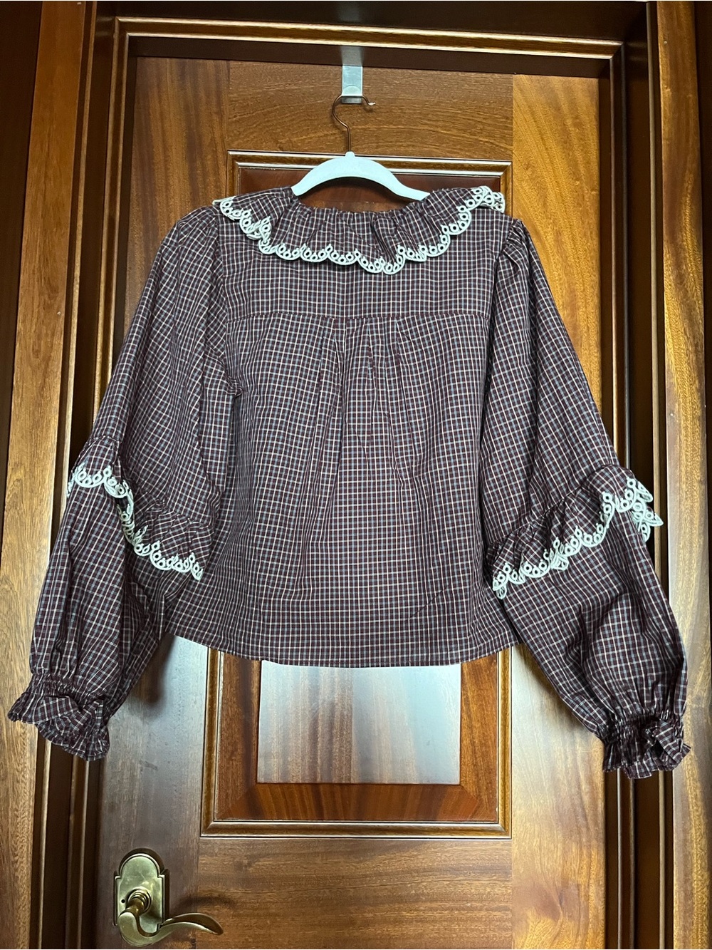 Caroline Constas Burgundy Brown Gingham Plaid Embroidered Shirt Blouse Sleeves - Picture 2 of 5